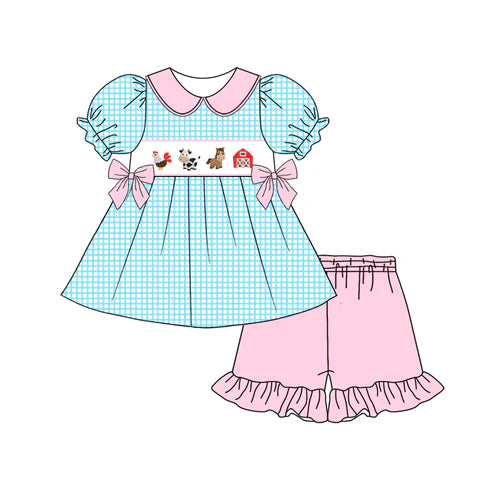 Baby Girls Blue Checkered Farm Tunic Ruffle Shorts Clothes Sets Preorder