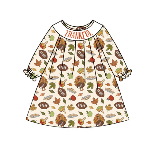 3.29 GLD1026 Baby Girls Long Ruffle Sleeves Turkey Footballs Smocked Knee Length Dresses Preorder