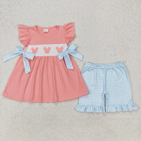 3.21 GSSO2126 Baby Girls Pink Cartoon Mouse Bows Top Ruffle Shorts Clothes Set