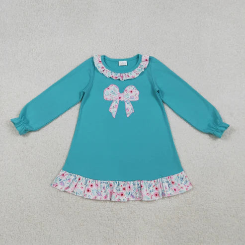 10.20 GLD1204 Baby Girls Aqua Long Ruffle Sleeves Floral Bows Knee Length Dress
