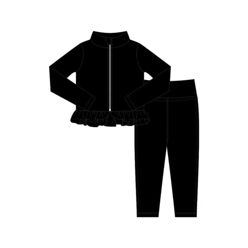 10.24 GLP3006 Baby Girls Black Zipper Jackets Ruffle Top Leggings Yoga Clothes Sets Preorder