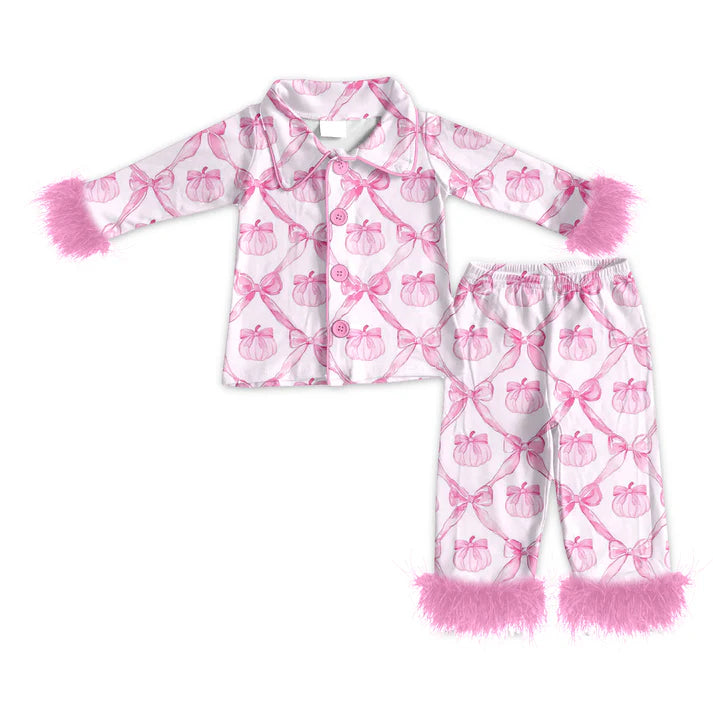 6.16 GLP2377 Baby Girls Pink Long Sleeves With Fur Bows Pumpkins Button Top Pants Pajamas Set Preorder