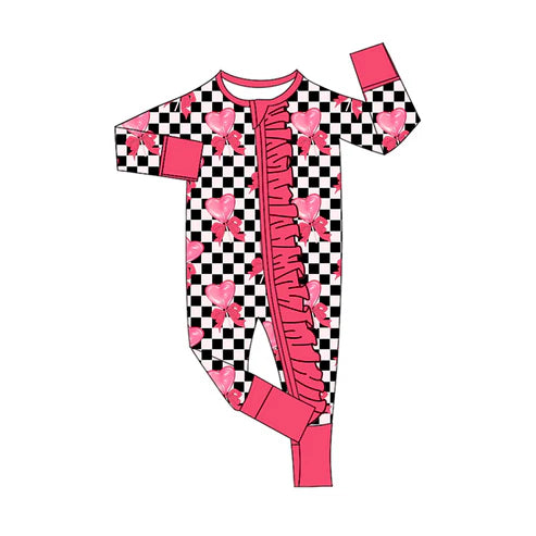 9.18LR2651 Baby Girls Black Checked Hearts Bows Valentine Ruffle Zipper Footie Rompers Preorder