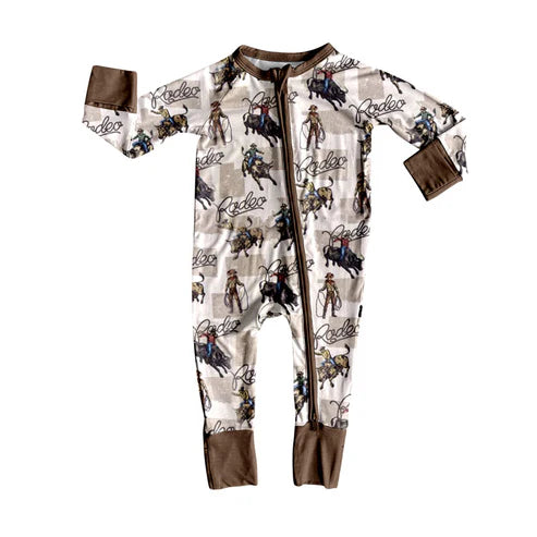 6.6 LR2268 Baby Girls Long Sleeves Khaki Plaid Horse Rodeos Zipper Rompers Preorder