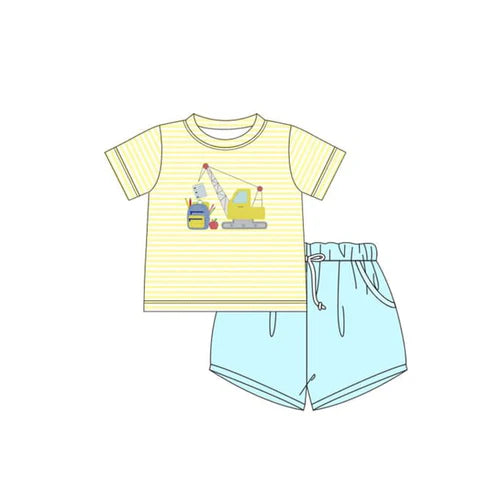 3.20 BSSO1417 Baby Boys Yellow Stripe Short Sleeves Excavator Top Blue Pockets Short Clothes Set Preorder