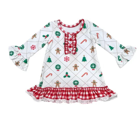 5.24 GLD0882 Baby Girls Christmas Gingerbread Tree Knee Length Dresses Preorder