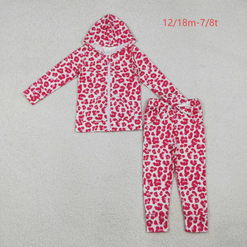 10.25 GLP2790 Baby Girls Pink Leopard Zipper Pockets Hoodie Jogger Pant Clothes Set