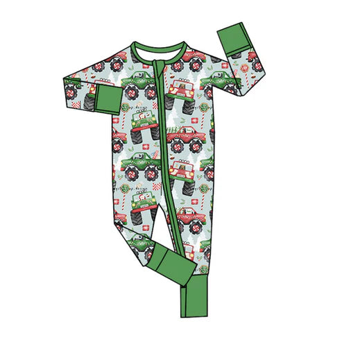 6.6 LR2279 Baby Girls Green Long Sleeves Truck Trees Flags Pant Zipper Rompers Preorder