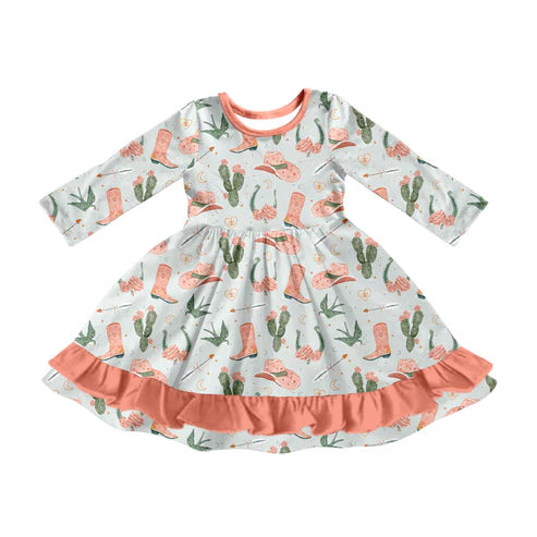 5.26 GLD0896 Baby Girls Western Boots Cactus Ruffle Knee Length Dresses Preorder