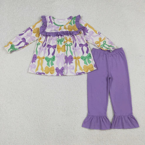 10.7 GLP2822 Baby Girls Mardi Gras Bows Tunic Ruffle Pants Clothes Set