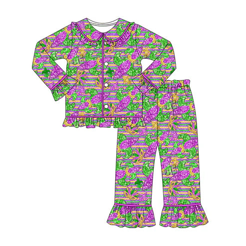 10.20 GLP2950 Baby Girls Stripe Anchors Masks Button Top Ruffle Pants Maedigras Pajamas Sets Preorder