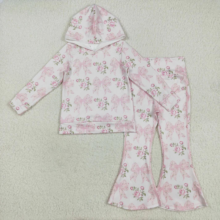8.15 GT1058+P0768 Baby Girls Pink Bows Floral Hooded Top Bell Pants Clothes Set