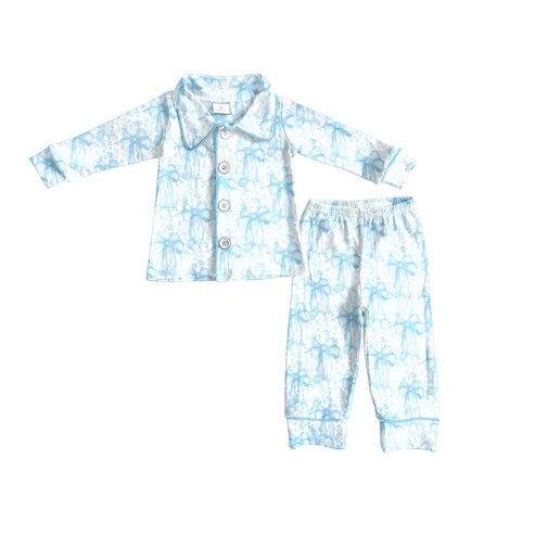 8.8 GLP2667 Baby Girls Blue Bows Plaid Button Top Pant Pajamas Set Preorder