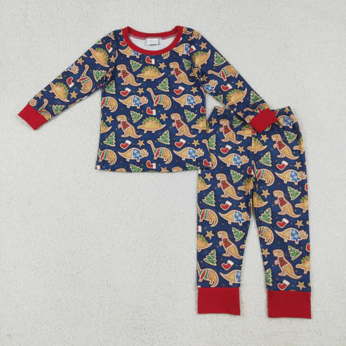 10.10 BLP1155 Baby Boys Long Sleeves Christmas Hats Dinosaurs Top Pant Pajamas Set