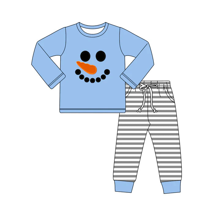 8.23 BLP1231 Baby Boys Blue Snowmen Top Stripe Pockets Pant Christmas Set Preorder