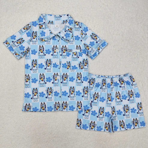 3.15 GSSO1803 Adult Women Dogs Checkered Flowers Buttons Tops Shorts Pajamas