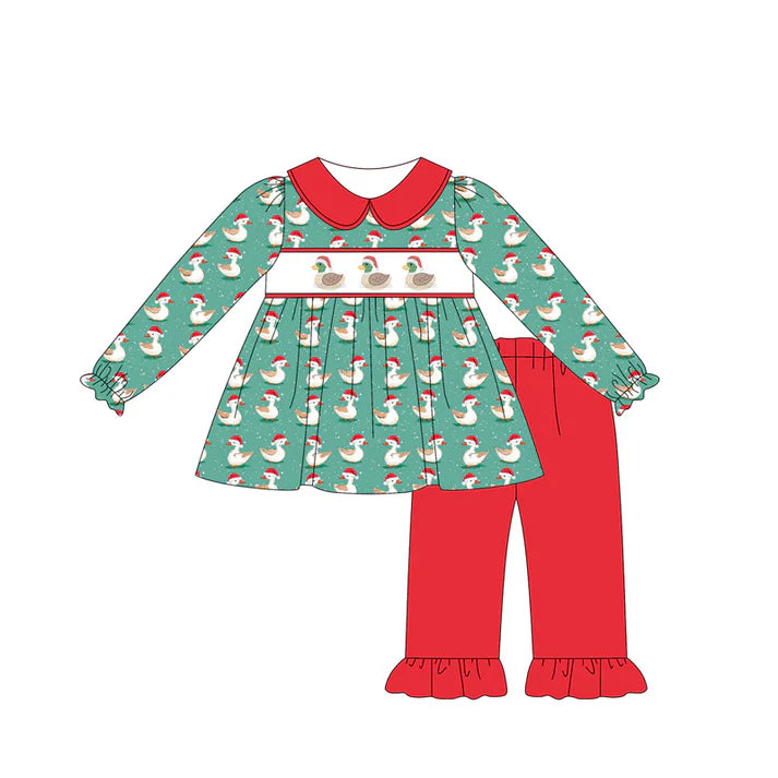 6.14 GLP2390 Baby Girls Long Sleeves Green Ducks Plaid Tunic Red Ruffle Pant Clothes Set Preorder