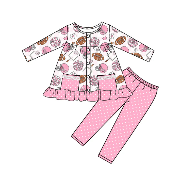 8.23 GLP2726 Baby Girls Pink Flowers Baseballs Pockets Button Tunic Polka Dots Legging Set Preorder