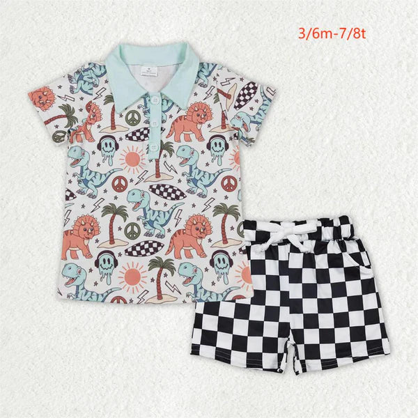 BT0580+SS0273 Baby Boys Dinosaur Lapel Buttons Shirts Checkered Shorts Clothes Set