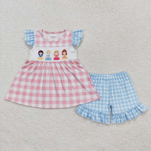 6.17 GSSO0692 cartoon pink blue plaid flying sleeve shorts set