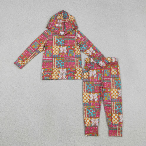 11.18 GLP2891 Baby Girls Pink Bows Flowers Checked Hoodies Pockets Jogger Clothes Set