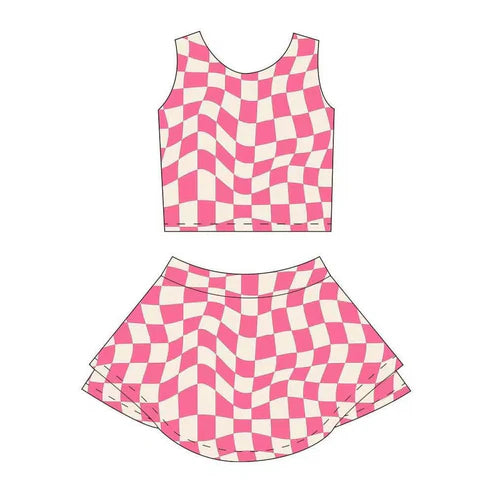 4.3 GSD2329 Baby Girls Sleeveless Pink Plaid Top Skort Yoga Set Preorder