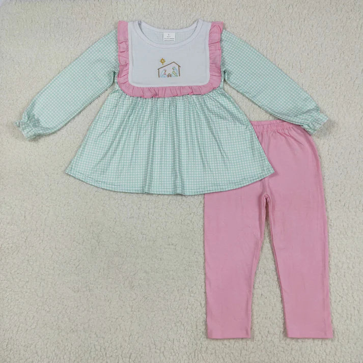 8.15 GLP2410 Embroidery Baby Girls Blue Plaid Long Ruffle Sleeves Jesus Tunic Pink Legging Pant Set
