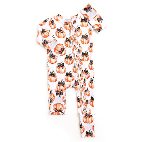 8.7 LR2557 Baby Boys Bows Pumpkins Fall Zipper Footie Rompers Preorder