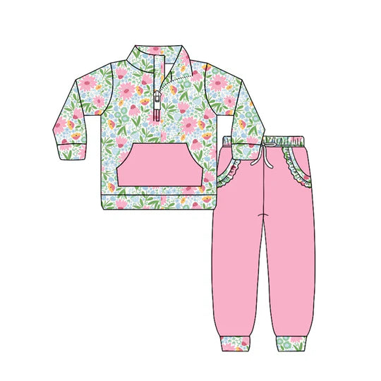 12.11 MOQ:5pcs GLP3282 pre-order toddler girl clothes pink floral print girl winter set