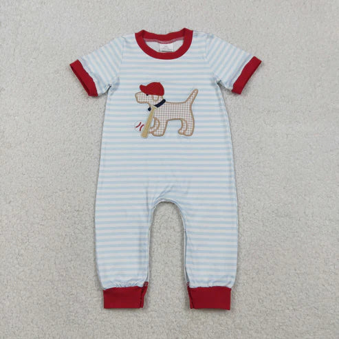 12.3 SR3330 Embroidery· Baby Boys Stripe Dog Baseballs Team Footie Romper