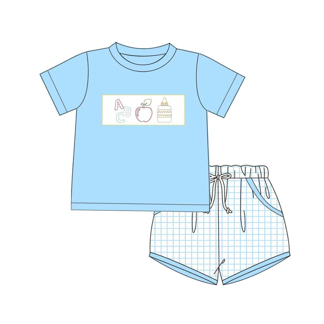 4.9 BSSO1463 Baby Boys Apple Pencil Top Blue Plaid Pockets Short Set Preorder