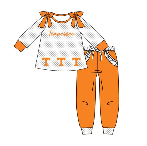10.15 Custom Moq 8 Baby Girls Bows Tennessee Team Long Sleeve Top Pants Clothes Set