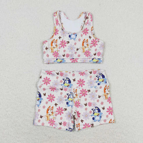 GT0516+SS0213 Cartoon Dog Flower Butterfly Sleeveless Top Shorts Yoga Set