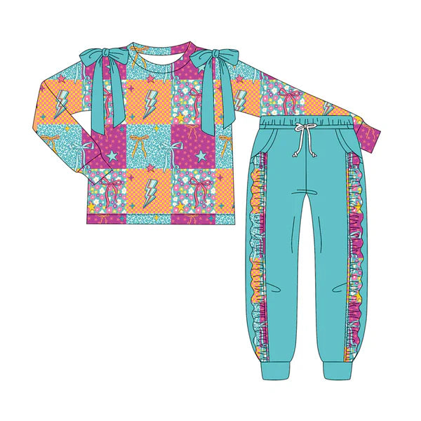 7.9 Custom Moq 3 Baby Girls Long Sleeves Bows Lights Stars Top Pockets Pant Clothes Set