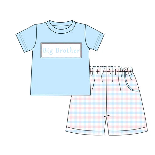 3.19 BSSO1408 Baby Boys Light Blue Short Sleeves Big Brother Shirt Plaid Shorts Sets preorder