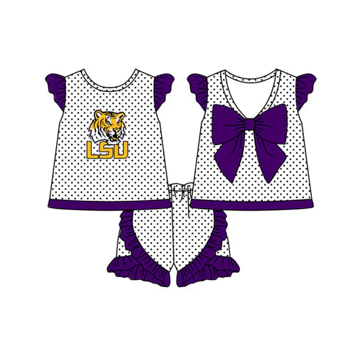 5.2 Custom Baby Girls Purple Flutter Sleeves Tiger LSU Polka Dots Tunic Ruffle Short Set(MOQ 3)