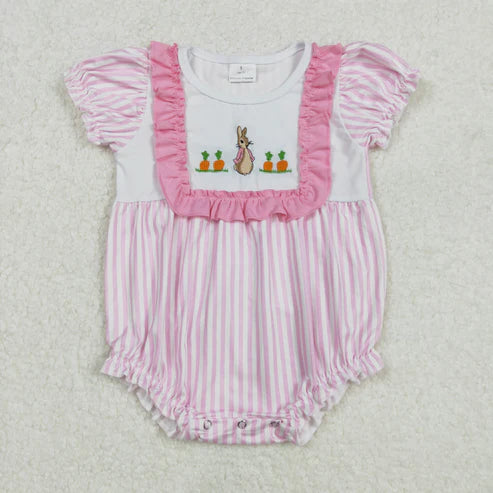 L-3.8 SR2144 Baby Infant Girls Easter Rabbit Carrots Short Sleeve Romper