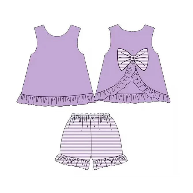 3.23 GSSO2398 Baby Girls Lavender Sleeveless Bows Tunic Stripe Ruffle Short Set Preorder