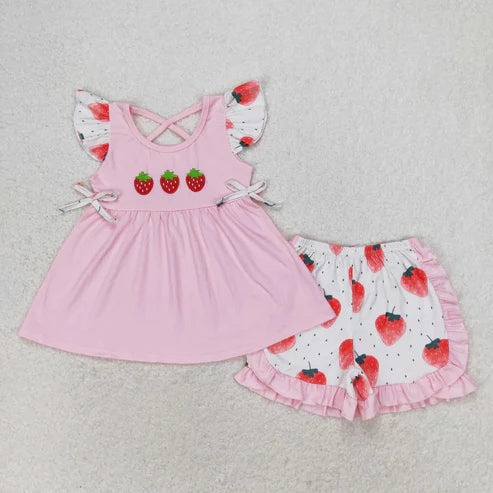 5.15 Sibling Baby Girls Flutter Sleeve Embroidery Strawberry Tunic Top Ruffle Shorts Clothes Set