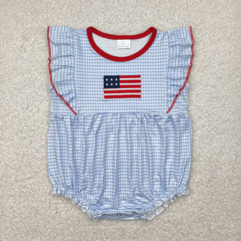 5.3 SR2817 Embroidery Baby Infant Girls Blue Checkered Flag Romper