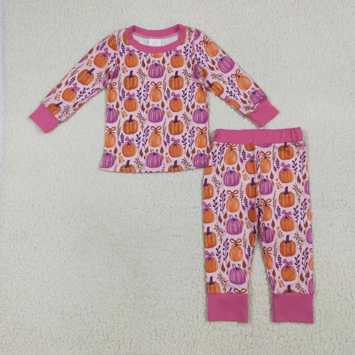 8.16 GLP2415 Baby Girls Long Sleeves Hot Pink Floral Pumpkins Top Pant Pajamas Set