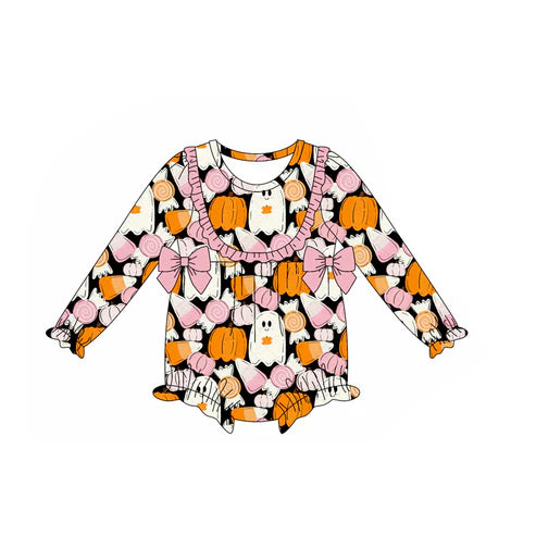 7.29 LR2445 Baby Girls Long Sleeves Ghosts Pumpkins Bows Ruffle Rompers Preorder