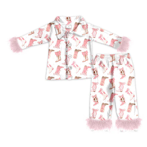 5.19 GLP2359 Baby Girls Fur Long Sleeves Pink Bows Boots Button Top Pant Pajamas Set Preorder