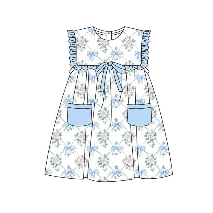 3.23 GSD2230 Baby Girls Sleeveless Blue Bows Floral Pockets Top Knee Length Dresses Preorder