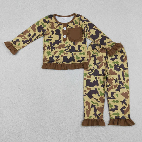 12.19 GLP1355 Baby Girls Brown Camo Pocket Button Top Ruffle Pants Hunting Pajamas Set