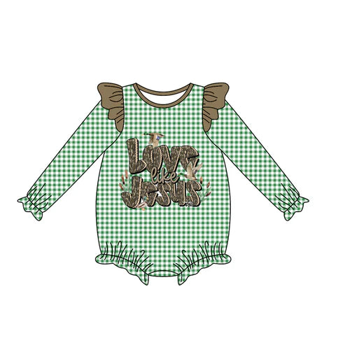 8.5 LR2551 Baby Girls Green Plaid Ducks Jesus Western Rompers Preorder
