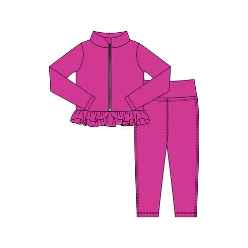 10.24 GLP3013 Baby Girls Hot Pink Zipper Jackets Ruffle Top Leggings Yoga Clothes Sets Preorder