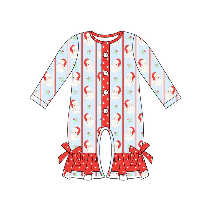 6.16 LR2242 Baby Girls Long Sleeves Red Button Santa Stripe Ruffle Rompers Preorder