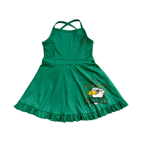 7.2 Custom Moq 3 Baby Girls Green Straps Airline Park Ruffle Shorts Team Knee Length Dresses