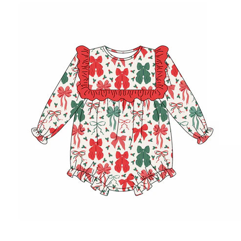 5.20 LR2209 Baby Girls Long Sleeves Red Green Bows Ruffle Rompers Preorder